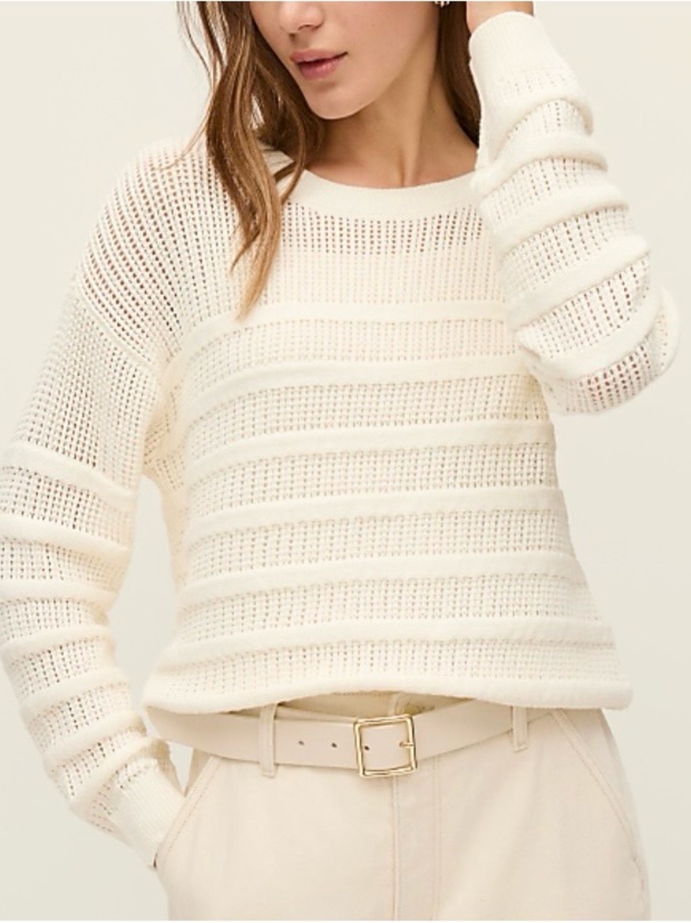 Ann Taylor Cream Open-Knit Crewneck Sweater